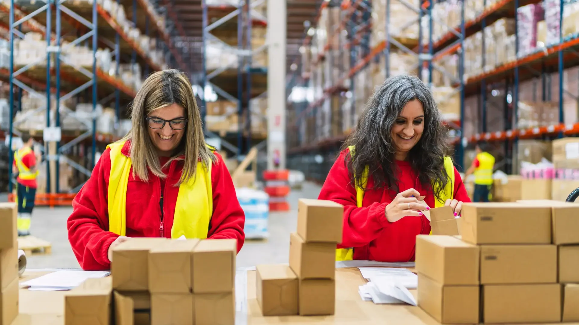 Warehouse senior womene workers preparing cardboard boxes for delivery Two senior women working in a logistics warehouse are preparing cardboard boxes for delivery, smiling as they work efficiently